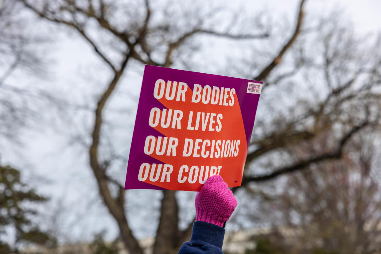 Demonstrators gather in front of the Supreme Court as the court hears oral arguments in the case of the U.S. Food and Drug Administration v. Alliance for Hippocratic Medicine on March 26, 2024 in Washington, DC.