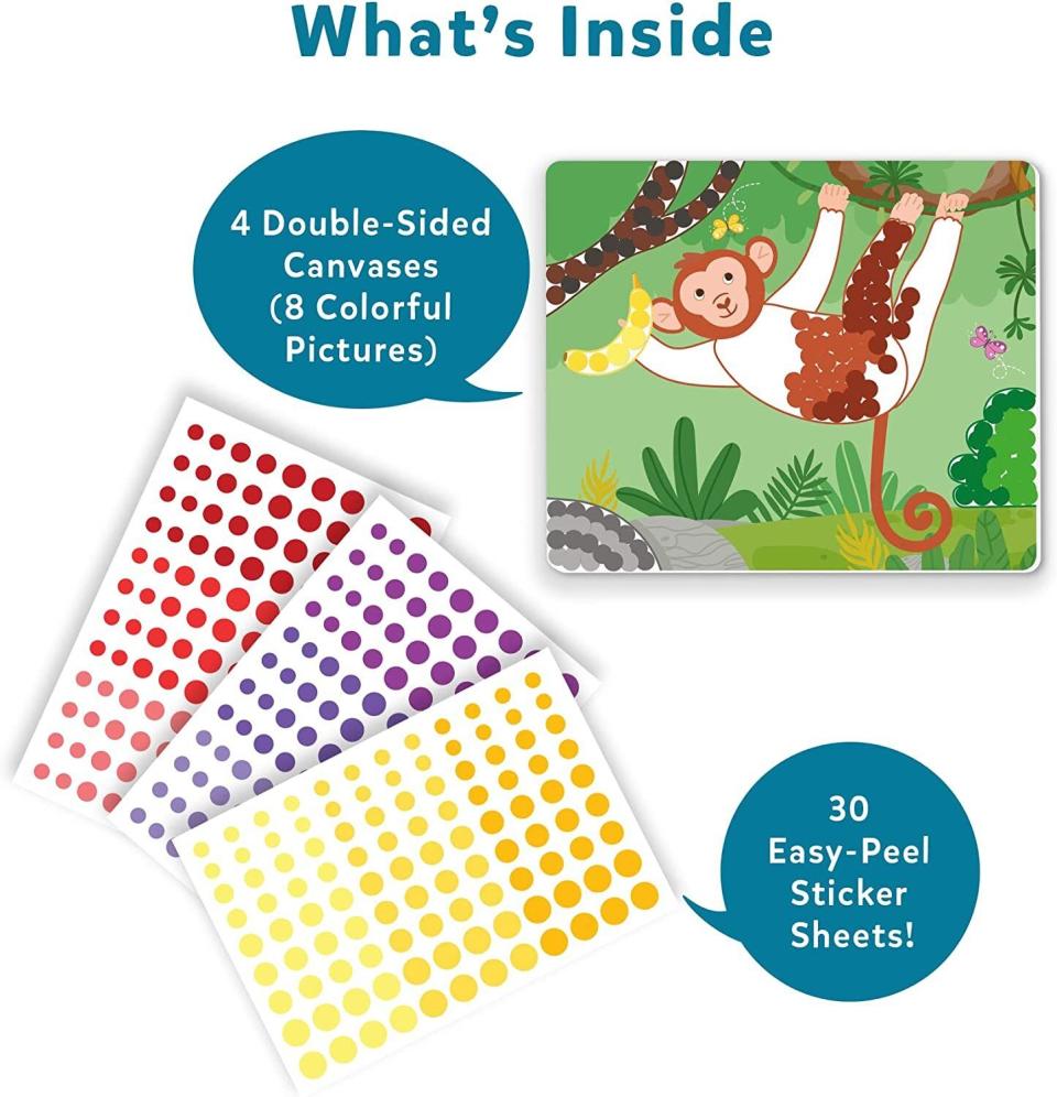 Color without coloring with this set of 500 easy-to-peel stickers. The set comes with four double-sided canvases, making eight pieces of art, and encourages young ones to 