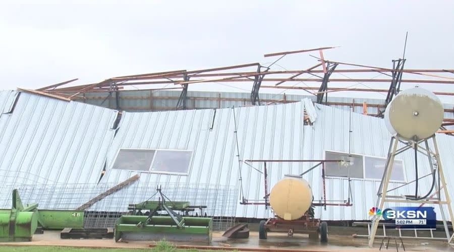 A tornado damaged three of five buildings on a farm near Dexter, April 27, 2024. (KSN News Photo)