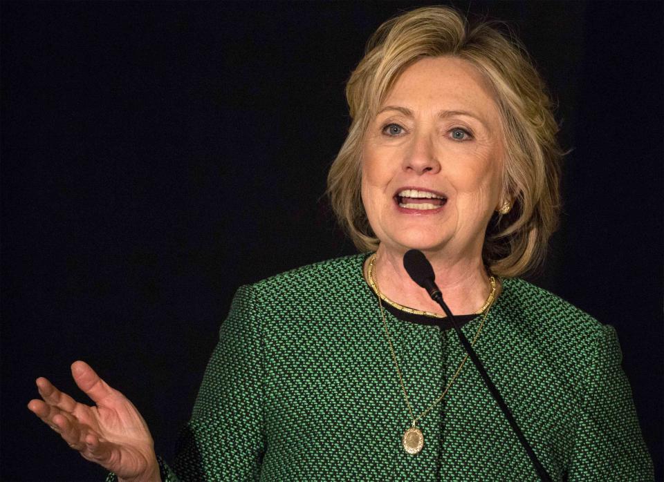 Former U.S. Secretary of State Hillary Clinton speaks after being inducted into the Irish American Hall of Fame in New York, March 16, 2015. REUTERS/Brendan McDermid (UNITED STATES - Tags: POLITICS)