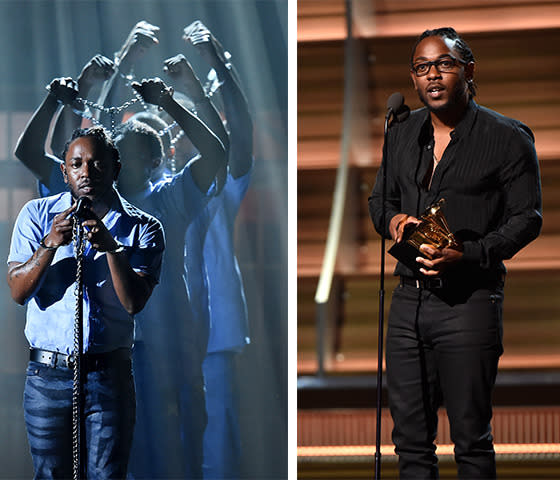 Kendrick Lamar performing a medley of his award-winning hits in a blue collared shirt; Lamar accepting his Grammy in a head-to-toe black ensemble. (Getty Images)