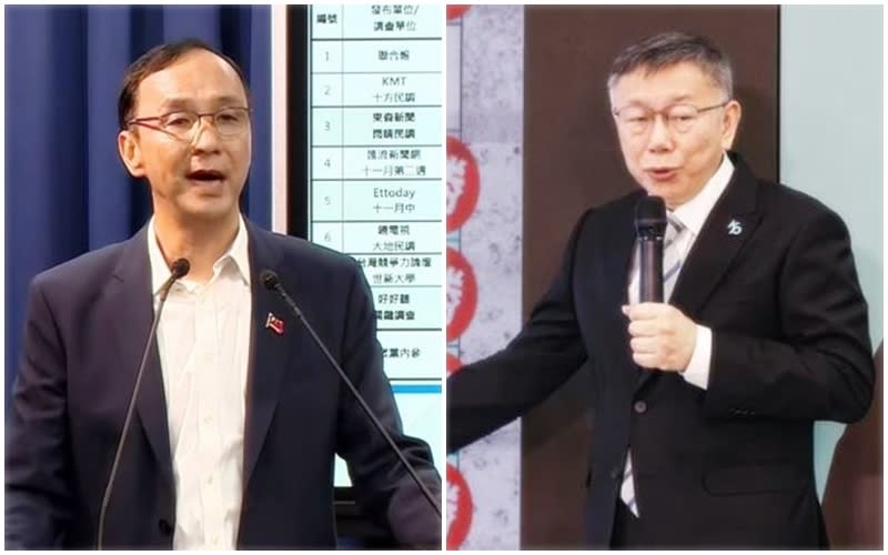 「藍白合」再卡關，民眾黨總統參選人柯文哲（右）表示，為了促成在野整合，國民黨要求讓三個百分點可以，但要讓六個百分點太強人所難，但柯強調藍白合還沒有破局，希望能盡快再度協商。國民黨主席朱立倫（左）說，從來沒有所謂讓百分之六或讓百分之幾，他仍不放棄藍白合，已向柯傳達，門隨時敞開，（左圖取自四季直播、右圖中央社）