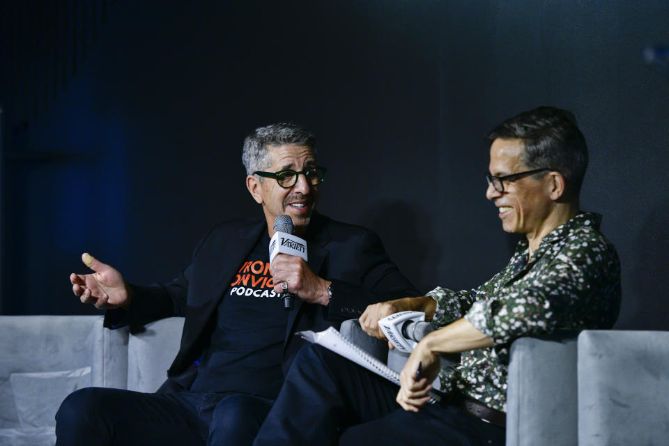 NEW YORK, NEW YORK - AUGUST 02: (L-R) Jason Flom and Jem Aswad speak onstage during the Variety & Rolling Stone Truth Seekers Summit presented by SHOWTIME at Second Floor on August 02, 2023 in New York City. (Photo by Eugene Gologursky/Variety via Getty Images)