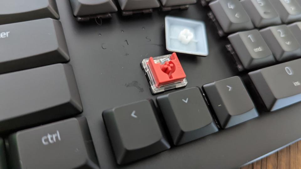 A red switch on a black Razer DeathStalker V2 Pro low profile keyboard. (Photo: Yahoo Gaming SEA)