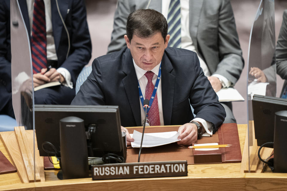 Dmitry Polyanskiy, first deputy permanent representative of Russia to the United Nations, speaks during a meeting of the United Nations Security Council, Thursday, Sept. 23, 2021, during the 76th Session of the U.N. General Assembly in New York. (AP Photo/John Minchillo, Pool)