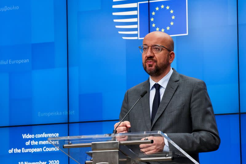 European Council President Charles Michel speaks during a news conference in Brussels