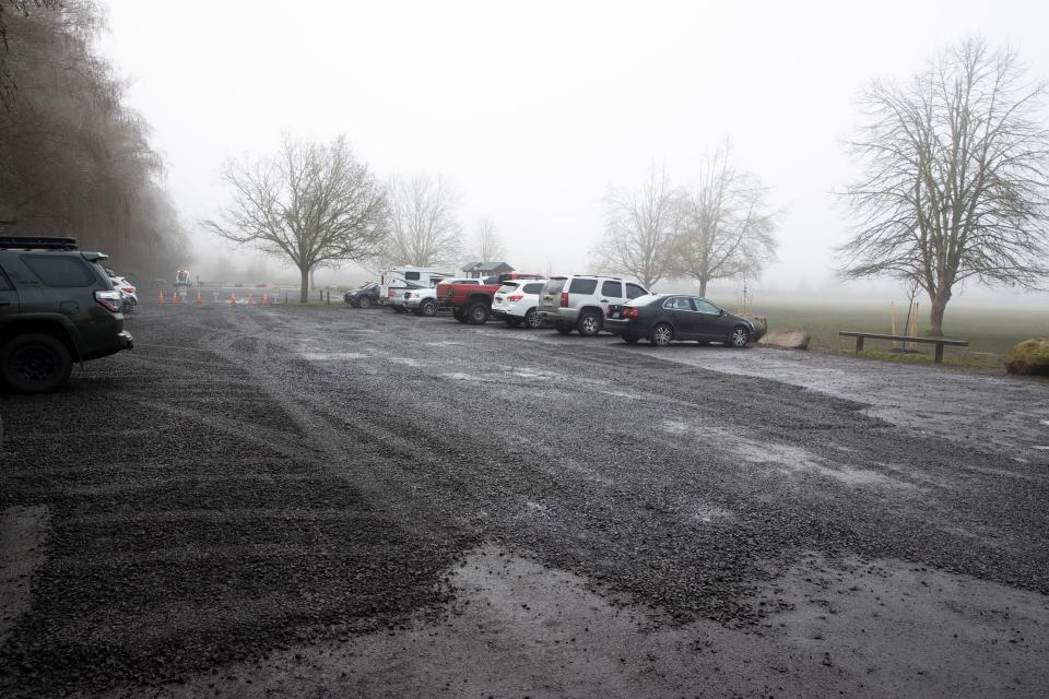 Puddles of rain and mud collect in the gravel parking lot of the Minto-Brown dog park.
