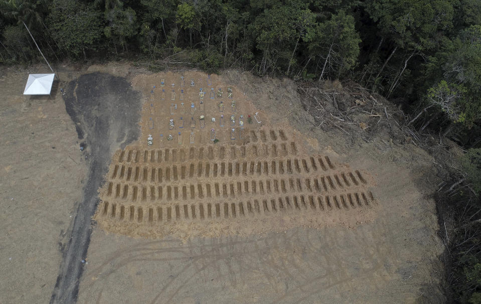 FILE - In this April 22, 2020 file photo, freshly dug graves are seen at the Nossa Senhora Aparecida cemetery, amid the new coronavirus pandemic in Manaus, Brazil. Brazil has Latin America's highest COVID-19 death toll, with more than 15,000 as of Saturday. The country's hardest hit major city per capita is in the Amazon — Manaus, where mass graves are filling up with bodies. (AP Photo/Emerson Cardoso, File)