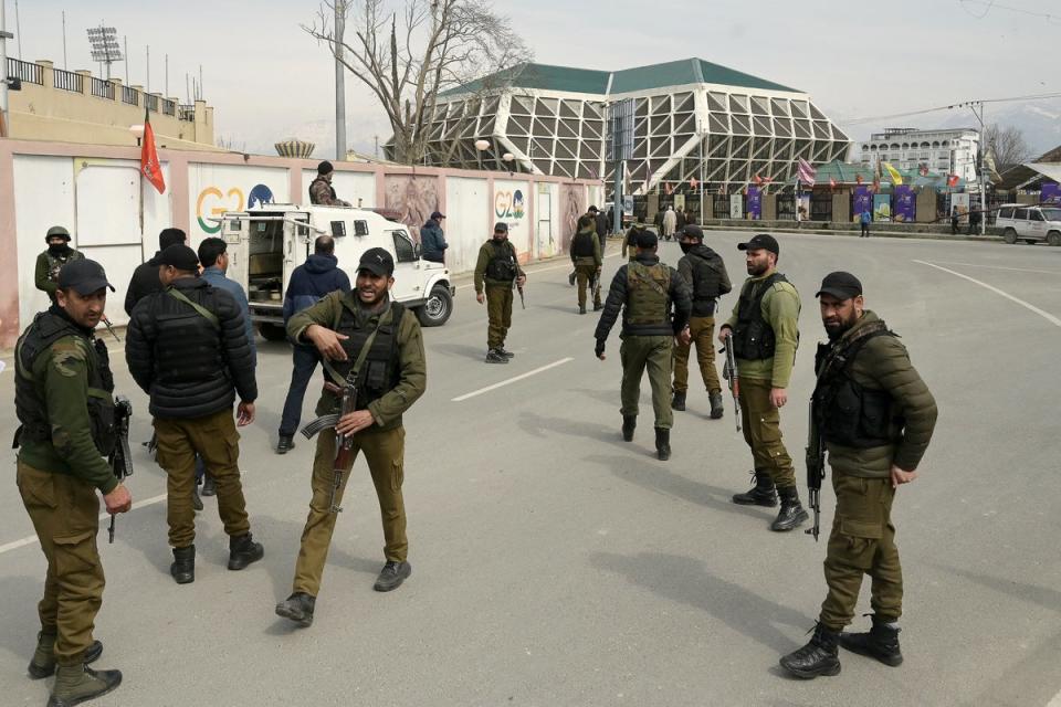 Security outside Bakshi Stadium in Srinagar where Narendra Modi is expected to address a rally (AFP via Getty Images)