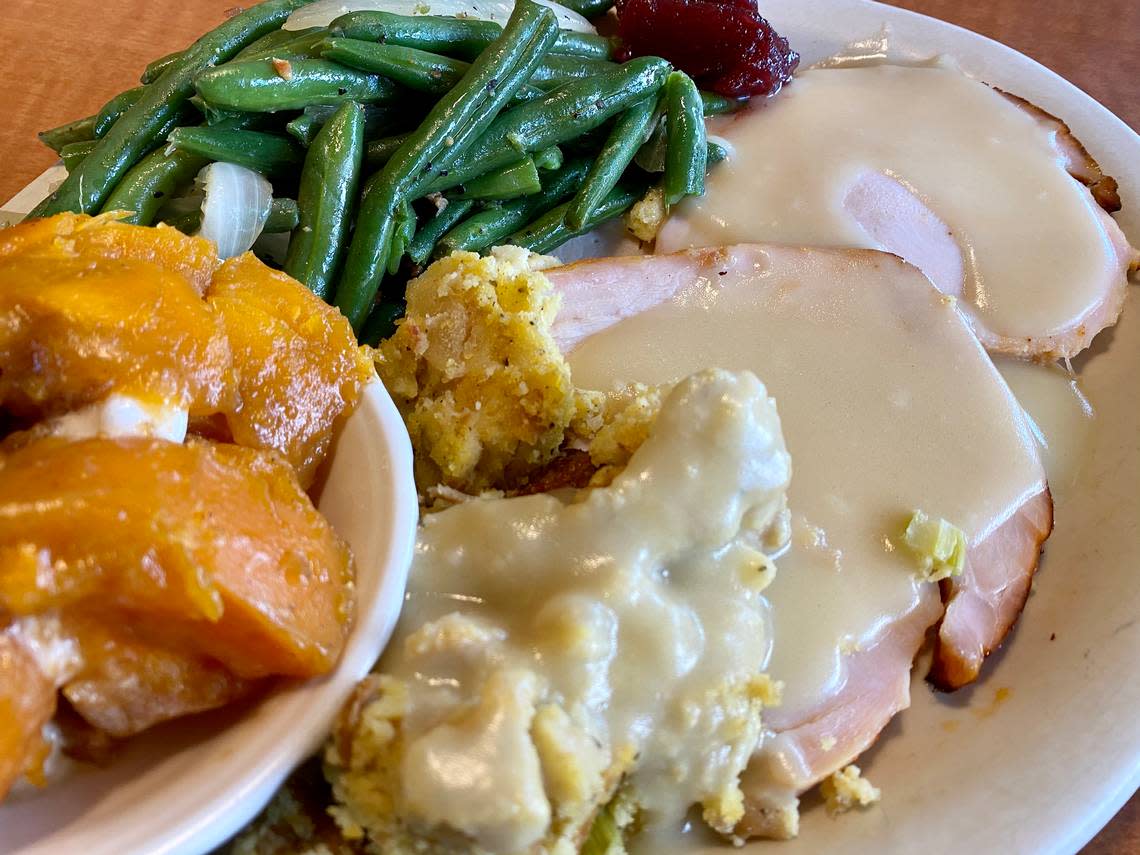 Turkey and dressing with a light giblet gravy, yams and green beans at Luby’s.