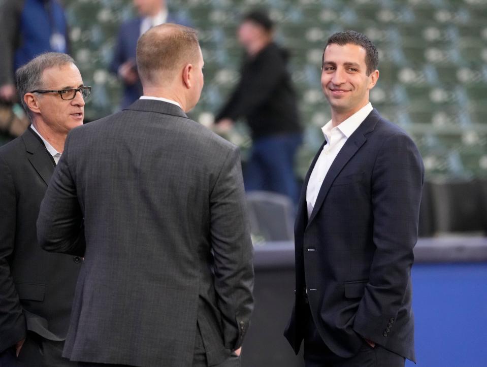 Former Brewers president of baseball operations David Stearns, right, is in town this weekend with the Mets, the team he currently holds the same title for.