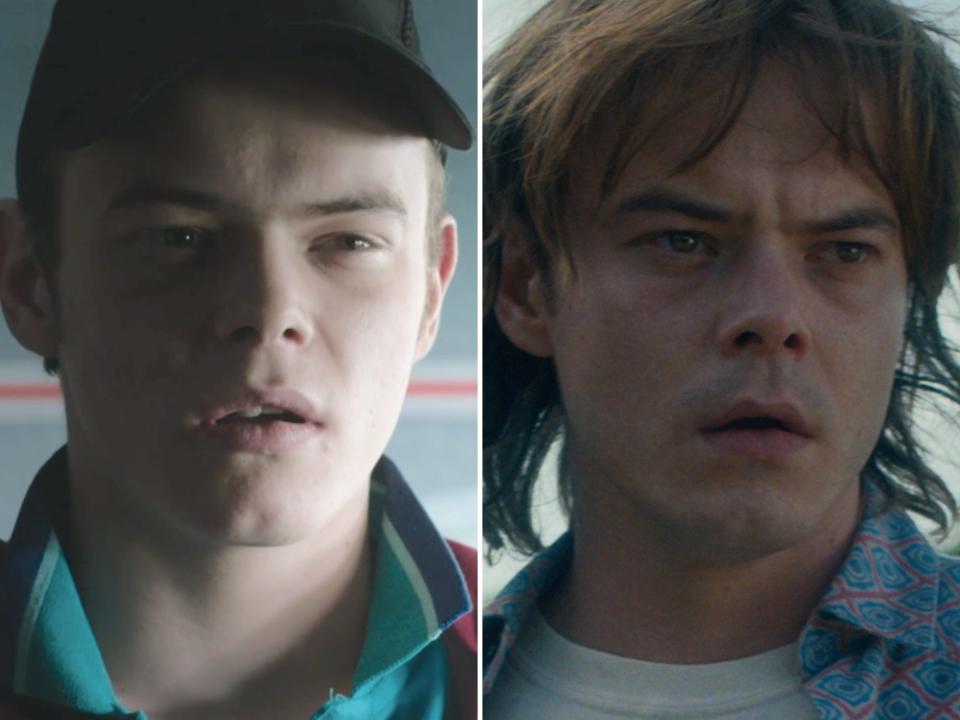 left: a young charlie heaton with short hair underneath a baseball cap. he has a smug kind of look on his face, which is lit on one side through a window, and is wearing a teal colored collared shirt; right: charlie heaton as jonathan on stranger things, older, with longer hair and a fringe. he has a blue collared shirt over a white t-shirt