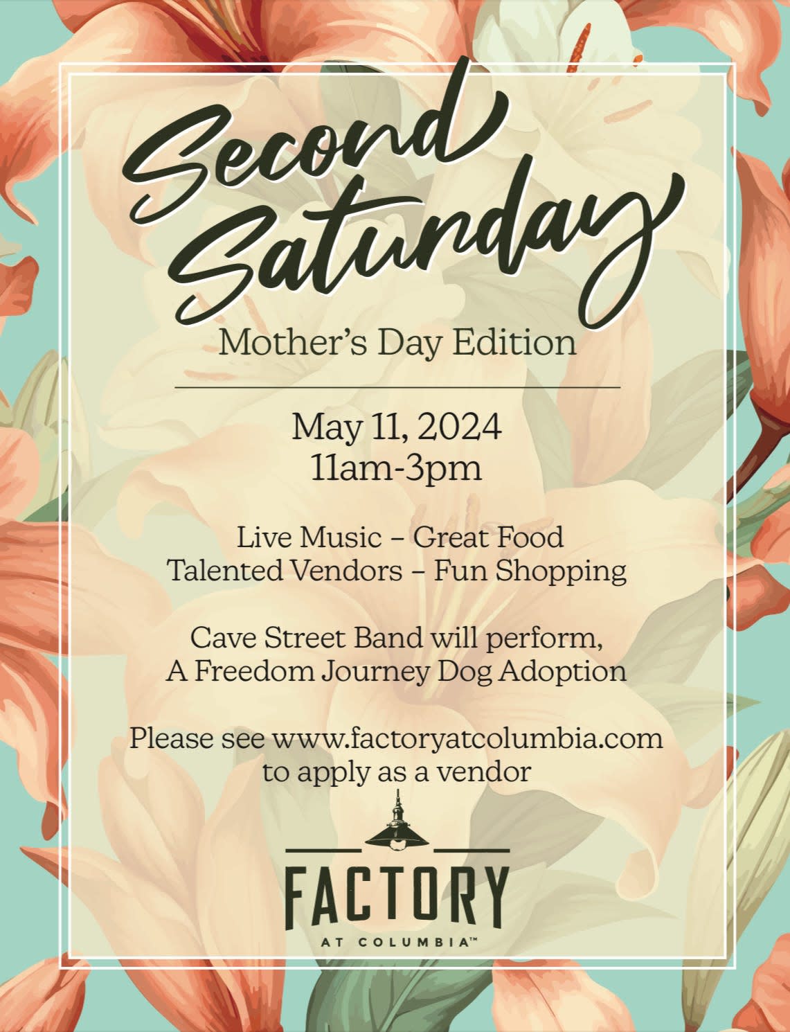 The Factory at Columbia will host another Second Saturday this weekend, with many shopping opportunities, good eats, live entertainment and a dog adoption.