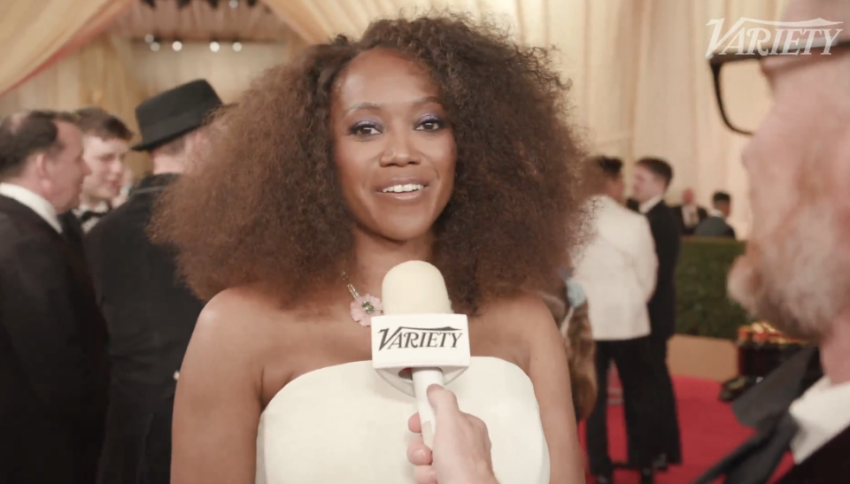 Closeup of Erika Alexander being interviewed by Variety