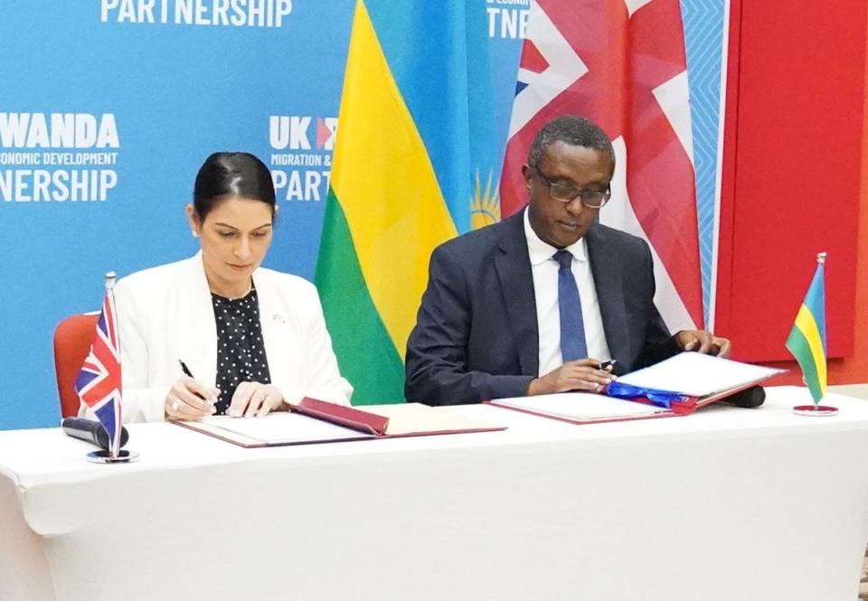 Priti Patel and Rwandan minister for foreign affairs and international co-operation Vincent Biruta signed a migration and economic development partnership in Kigali in April (Flora Thompson/PA) (PA Wire)