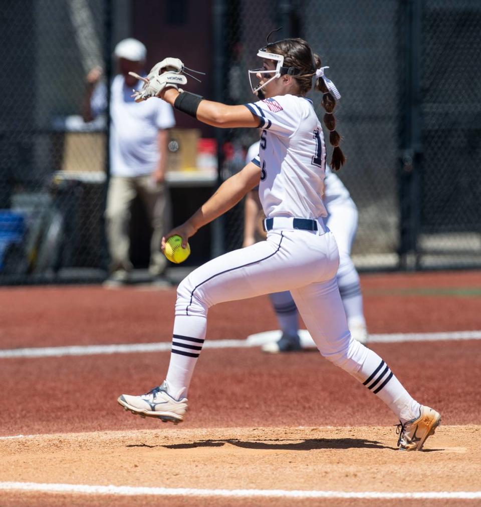 Stone Ridge Christian’s Cali Cole deliver a pitch during the Sac-Joaquin Section Softball Division VII championship game with Big Valley Christian at Delta College in Stockton, Calif., on Saturday, May 21, 2022.