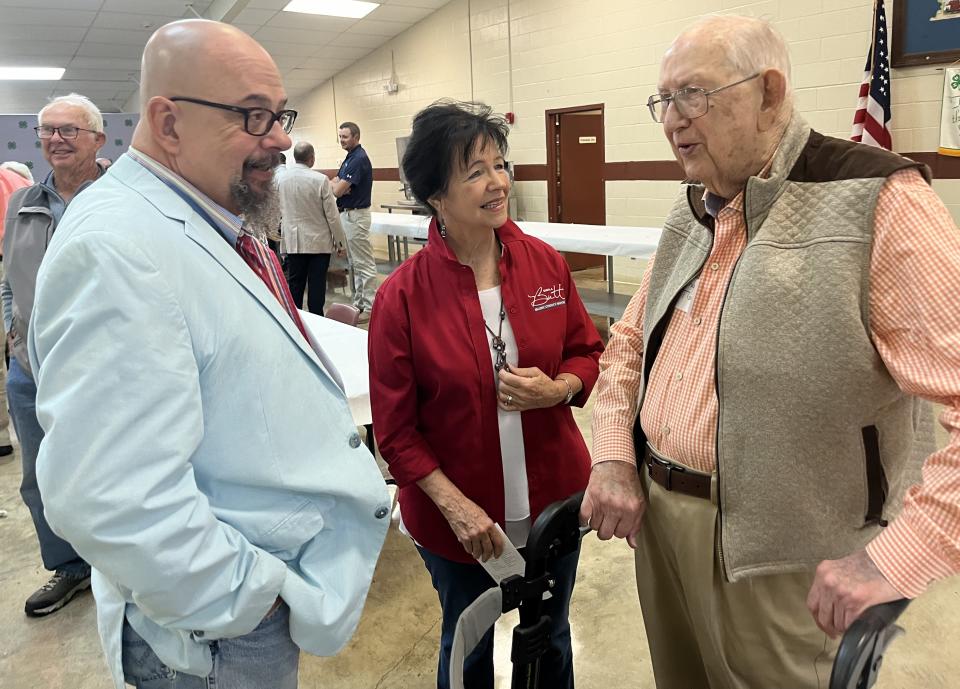 Maury County Commission Chairman Eric Previti, Maury County Mayor Sheila Butt and former county commissioner Charlie Tisher fellowship at the annual Farm Breakfast at the Ridley 4-H Center hosted by Maury Alliance on Friday, April 26, 2024.