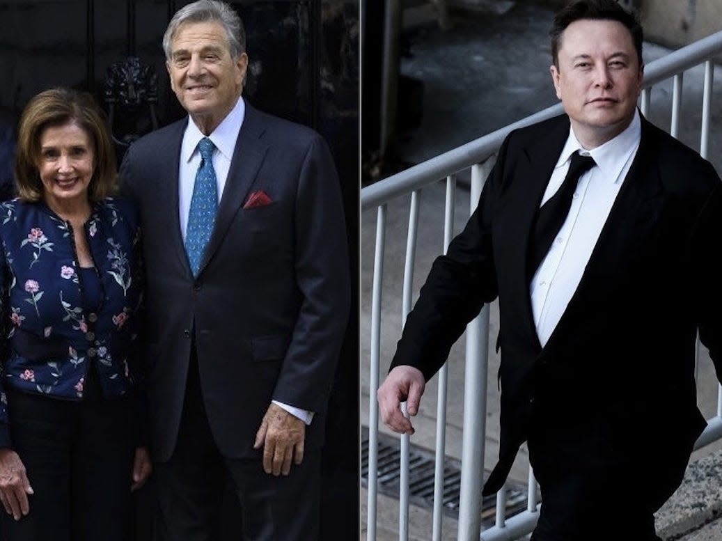 Nancy and Paul Pelosi next to Elon Musk