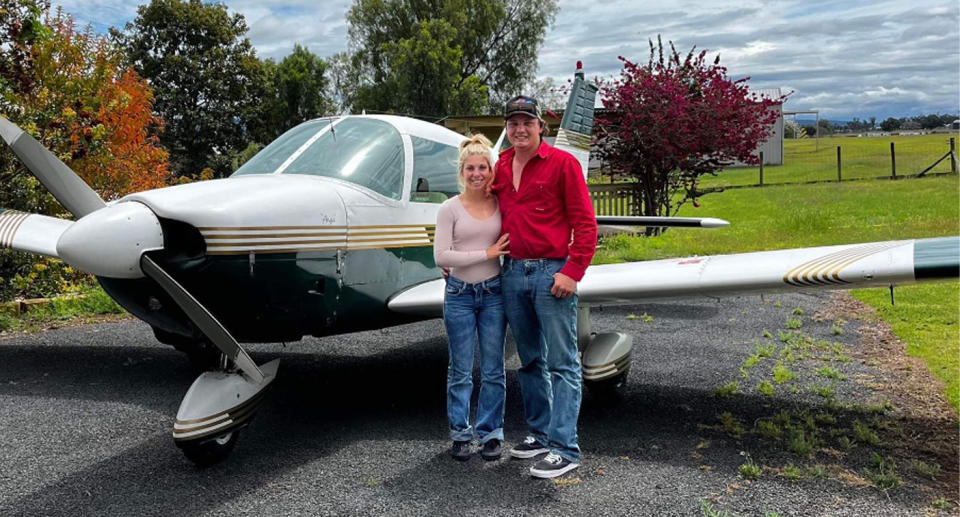 Married couple Rhiley and Maree Kuhrt involved in the plane crash can be seen smiling in front of their plane. 