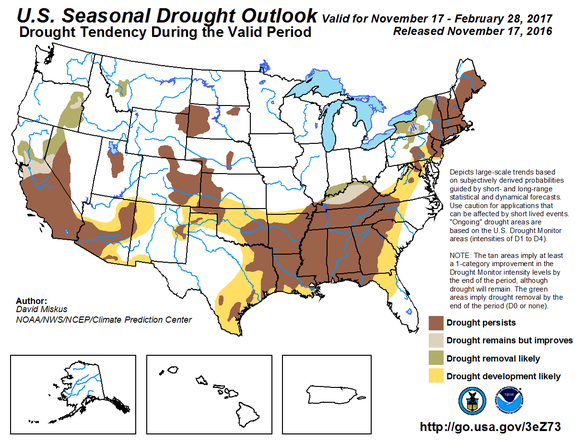 Seasonal drought outlook showing likely persistence and expansion of drought in the South through the winter.