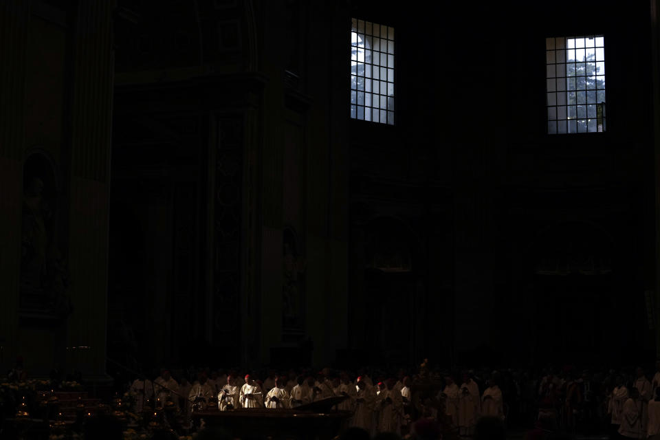 Cardinals attend a mass with Pope Francis in St. Peter's Basilica at the Vatican, Tuesday, Oct. 11, 2022. Pope Francis commemorates the 60th anniversary of the opening of the Second Vatican Council by celebrating a Mass in honor of St. John XXIII, the "good pope" who convened the landmark meetings that modernized the Catholic Church. (AP Photo/Alessandra Tarantino)