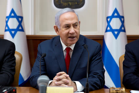 Israeli Prime Minister Benjamin Netanyahu attends the weekly cabinet meeting at the Prime Minister's office in Jerusalem February 17, 2019. Sebastian Scheiner/Pool via REUTERS