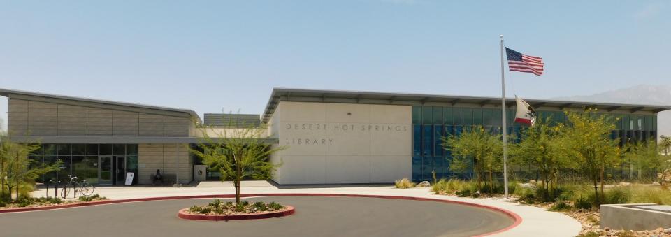 The County of Riverside Desert Hot Spring Library  Library is located at 14-380 Palm Drive in Desert Hot Springs.