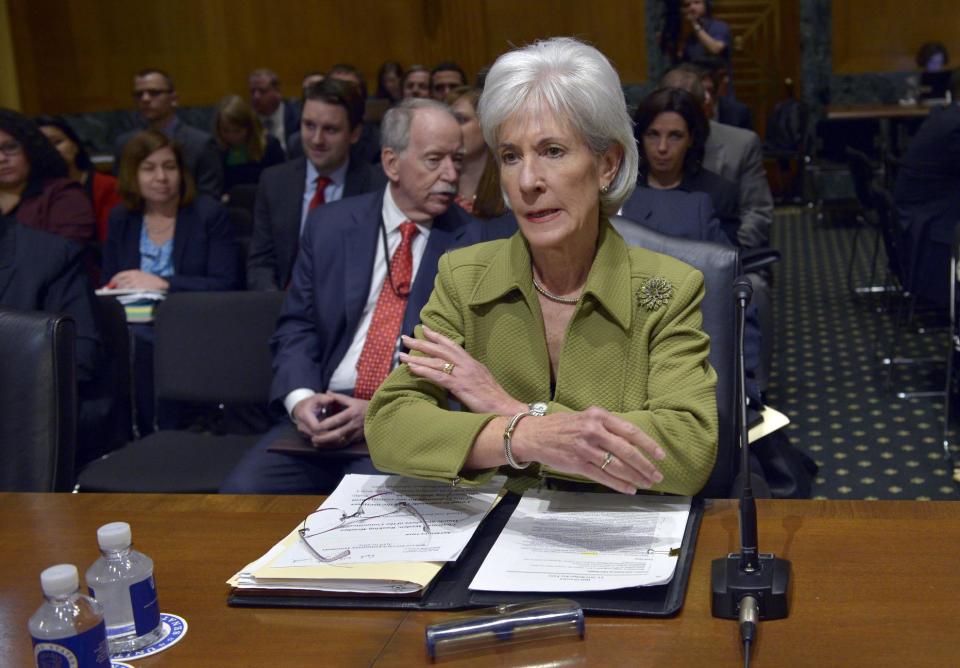 Health and Human Services Secretary Kathleen Sebelius prepares to testify on Capitol Hill in Washington, Thursday, April 10, 2014, before the Senate Finance Committee hearing on the HHS Department's fiscal Year 2015 budget. Sebelius said 7.5 million Americans have now signed up for health coverage under President Barack Obama's health care law. That's a 400,000 increase from the 7.1 million that Obama announced last week at the end of the law's open enrollment period. The figure exceeded expectations, a surprise election-year success for the law after a disastrous roll-out. (AP Photo/Susan Walsh)