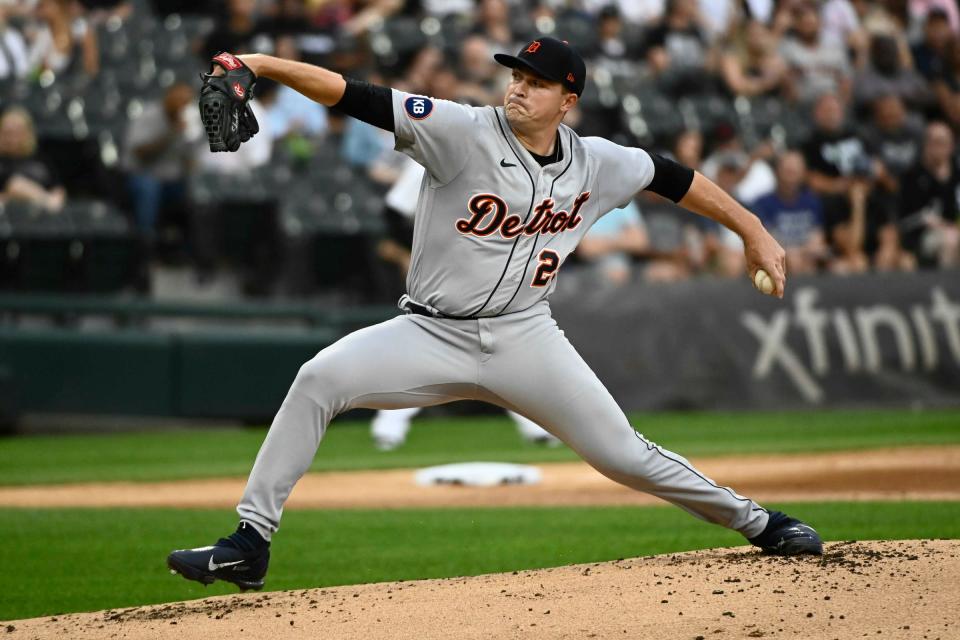 Tigers pitcher Tarik Skubal delivers against the White Sox during the first inning on Friday, July 8, 2022, in Chicago.
