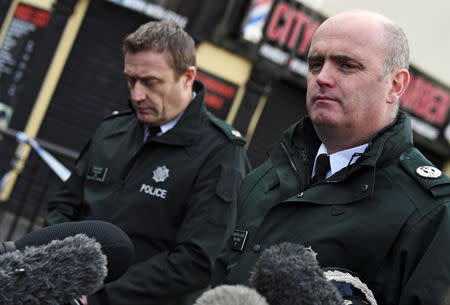 Police Superintendent Gordon McCalmont (L) and Assistant Chief Constable Mark Hamilton give a statement about the suspected car bomb in Londonderry, Northern Ireland January 20, 2019. REUTERS/Clodagh Kilcoyne