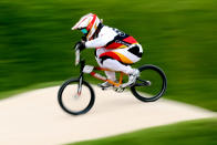 LONDON, ENGLAND - AUGUST 08: Luis Brethauer of Germany competes during the Men's BMX Cycling on Day 12 of the London 2012 Olympic Games at BMX Track on August 8, 2012 in London, England. (Photo by Bryn Lennon/Getty Images)