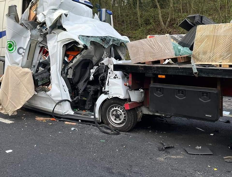 A dad has told of his horror after being trapped in the wreckage of his van for two hours. Michael Radford, 39, 'woke up crushed' in his vehicle which was sandwiched between two lorries following the crash on the M56 near junction 10 back in April.

The father of three said firefighters 'thought he was dead' after the horrific smash, which happened while he queued in standstill traffic after missing his exit on his drive home. Ever since, he has questioned how he made it out alive.

Michael was rescued from the wreckage, captured in dramatic photos, before being airlifted to hospital. He sustained a fractured spine, several broken ribs and an eye injury. He spent months wearing a lower abdominal brace and still hasn't been able to return to work.