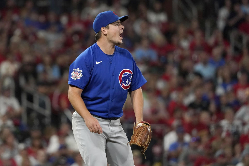 Chicago Cubs pitcher Michael Rucker reacts after giving up an RBI single to St. Louis Cardinals' Tommy Edman during the seventh inning of a baseball game Saturday, Oct. 2, 2021, in St. Louis. (AP Photo/Jeff Roberson)