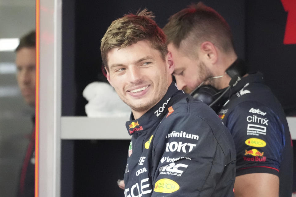 Red Bull driver Max Verstappen of the Netherlands smiles after the second practice ahead of the Japanese Formula One Grand Prix at the Suzuka Circuit, Suzuka, central Japan, Friday, Sept. 22, 2023. (AP Photo/Toru Hanai)