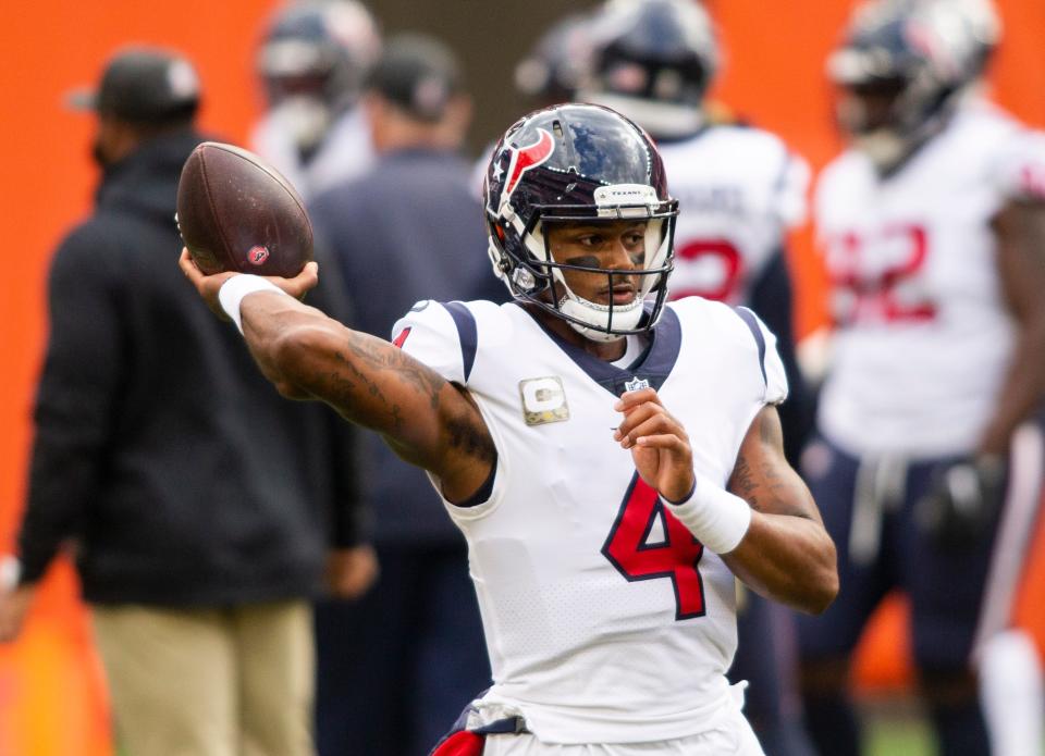 Houston Texans quarterback Deshaun Watson (4) throws the ball during warmups before the game against the Cleveland Browns at FirstEnergy Stadium.