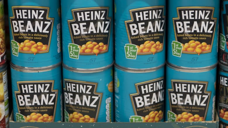 Stack of Heinz baked beans cans
