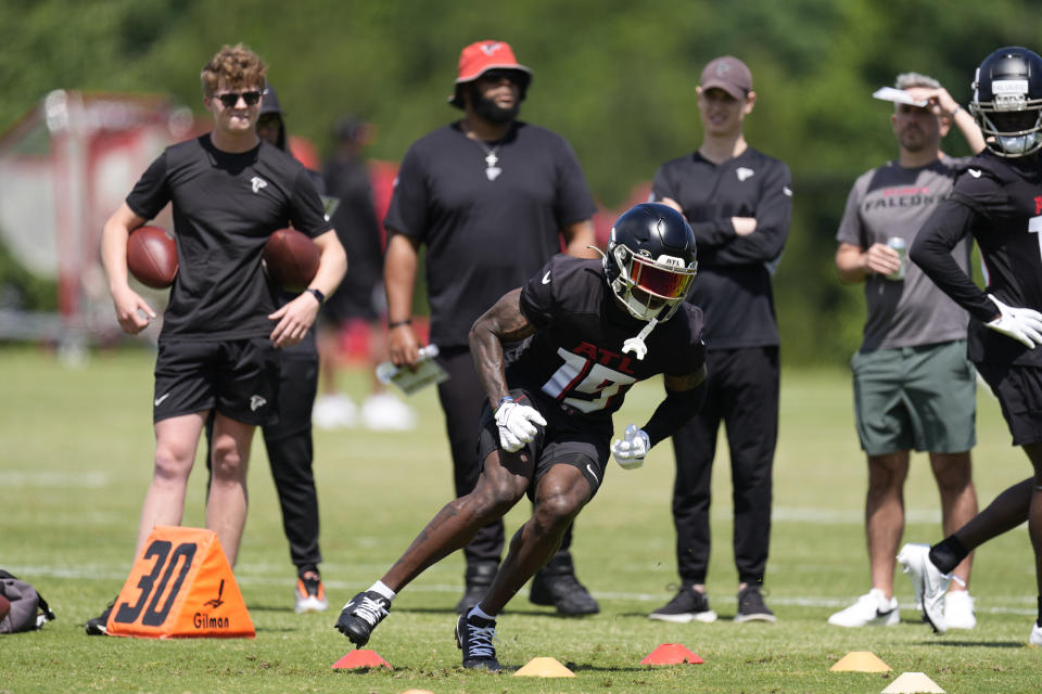 Atlanta Falcons reciever Chris Blair works during an NFL rookie minicamp football practice Friday, May 10, 2024, in Flowery Branch, Ga. (AP Photo/John Bazemore)