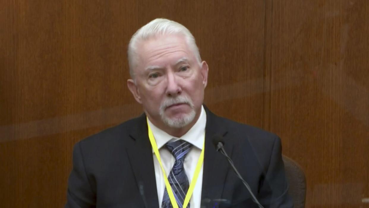 In this image from video, Barry Brodd, a use of force expert testifies as Hennepin County Judge Peter Cahill presides, Tuesday, April 13, in the trial of former Minneapolis police Officer Derek Chauvin at the Hennepin County Courthouse in Minneapolis, Minn. 