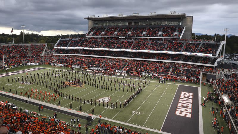 The Oregon State marching band performs the National Anthem in front of the new side of Reser Stadium before game against Utah Friday, Sept. 29, 2023, in Corvallis, Ore. Oregon State won 21-7. 