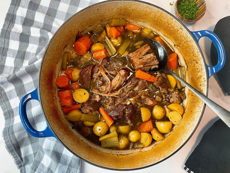 Pot roast's long simmering time turns root vegetables and beef into a comfort food classic.
