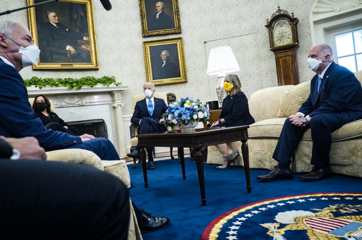 <span class="caption">President Biden and Vice President Harris met on Feb. 12, 2021, with governors and mayors to discuss supporting them in the fight against COVID-19. </span> <span class="attribution"><a class="link " href="https://www.gettyimages.com/detail/news-photo/president-joe-biden-and-vice-president-kamala-harris-meet-news-photo/1301799167?adppopup=true" rel="nofollow noopener" target="_blank" data-ylk="slk:Pete Marovich-Pool/Getty Images;elm:context_link;itc:0;sec:content-canvas">Pete Marovich-Pool/Getty Images</a></span>