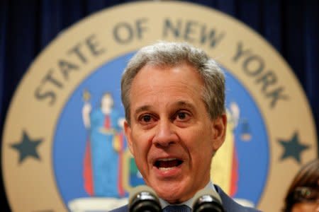 FILE PHOTO: New York Attorney General Eric Schneiderman speaks during a news conference to discuss the civil rights lawsuit filed against The Weinstein Companies and Harvey Weinstein in New York, U.S., February 12, 2018.  REUTERS/Brendan McDermid/File Photo