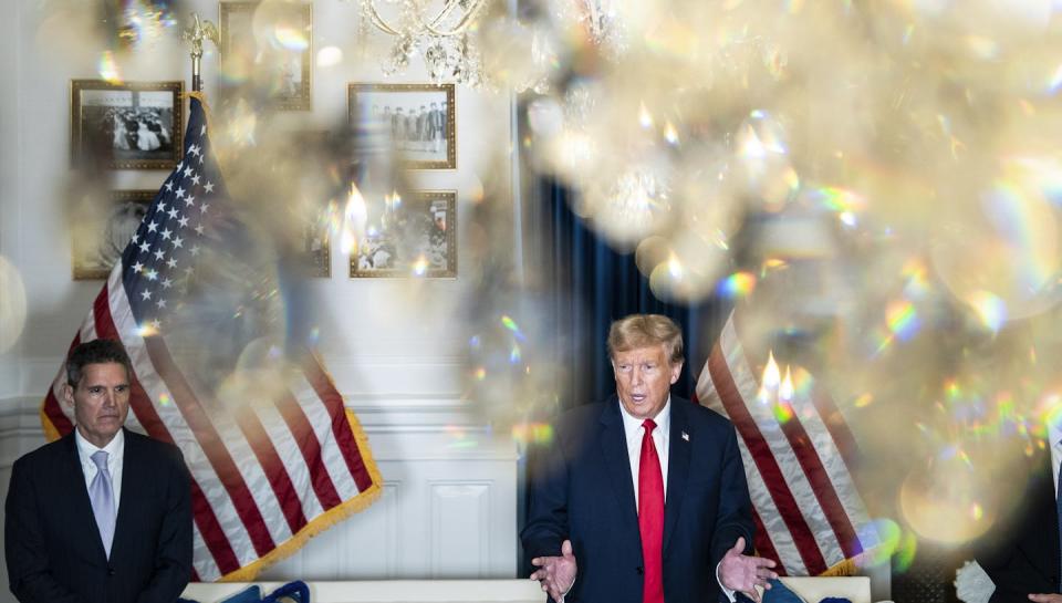 Donald Trump speaks after the appeals court hearing on his claim of immunity from prosecution on Jan. 9, 2024, in Washington. <a href="https://www.gettyimages.com/detail/news-photo/washington-dc-former-president-donald-trump-flanked-by-news-photo/1913170507?adppopup=true" rel="nofollow noopener" target="_blank" data-ylk="slk:Jabin Botsford/The Washington Post via Getty Images;elm:context_link;itc:0;sec:content-canvas" class="link ">Jabin Botsford/The Washington Post via Getty Images</a>