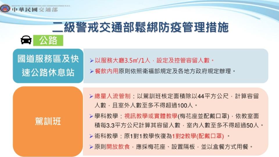 二級警戒交通部公路鬆綁防疫管理措施－國道服務區及快速公路休息站、駕訓班。（圖／交通部）