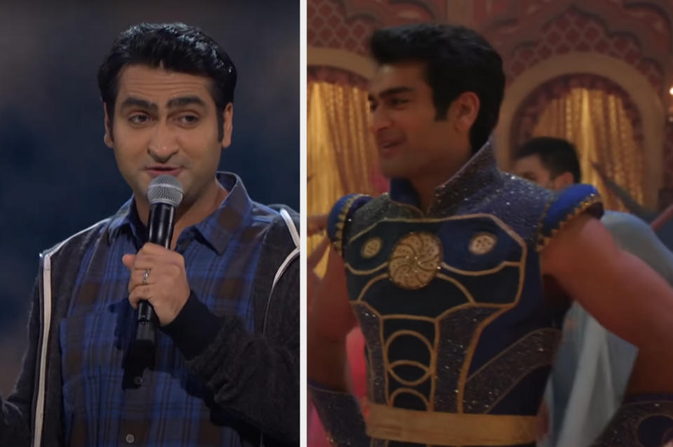 Kumail Nanjiani apparaît sur deux images : à gauche, en train de faire du stand-up comedy ; à droite, dans un costume détaillé et futuriste pour un rôle au cinéma