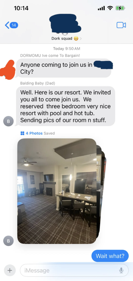 A screenshot of a text conversation where someone shares photos of a hotel room they booked