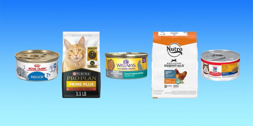 Collage of three cans and two bags of cat food for senior cats from Royal Canin, Purina, Wellness, Nutro, and Hill's against a blue gradient background.