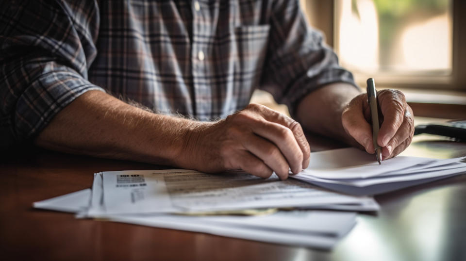 A close up of a person of humble means counting money and looking at a workers' compensation insurance document.