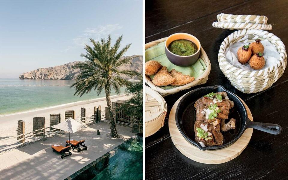 From left: The beach at Six Senses Zighy Bay, a resort on the Musandam Peninsula overlooking the Gulf of Oman; dishes at the resort prepared with indigenous ingredients, some of which are grown on the premises. | Stefan Ruiz