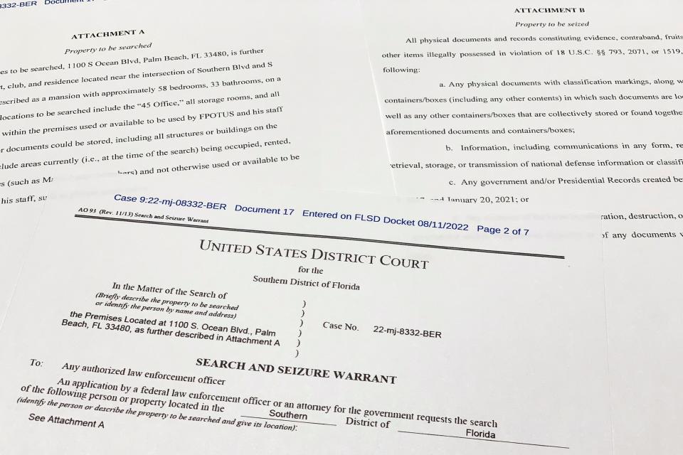 The FBI's unsealed search warrant for former President Donald Trump's Mar-a-Lago estate in Palm Beach, Fla., is photographed Aug. 12, 2022.